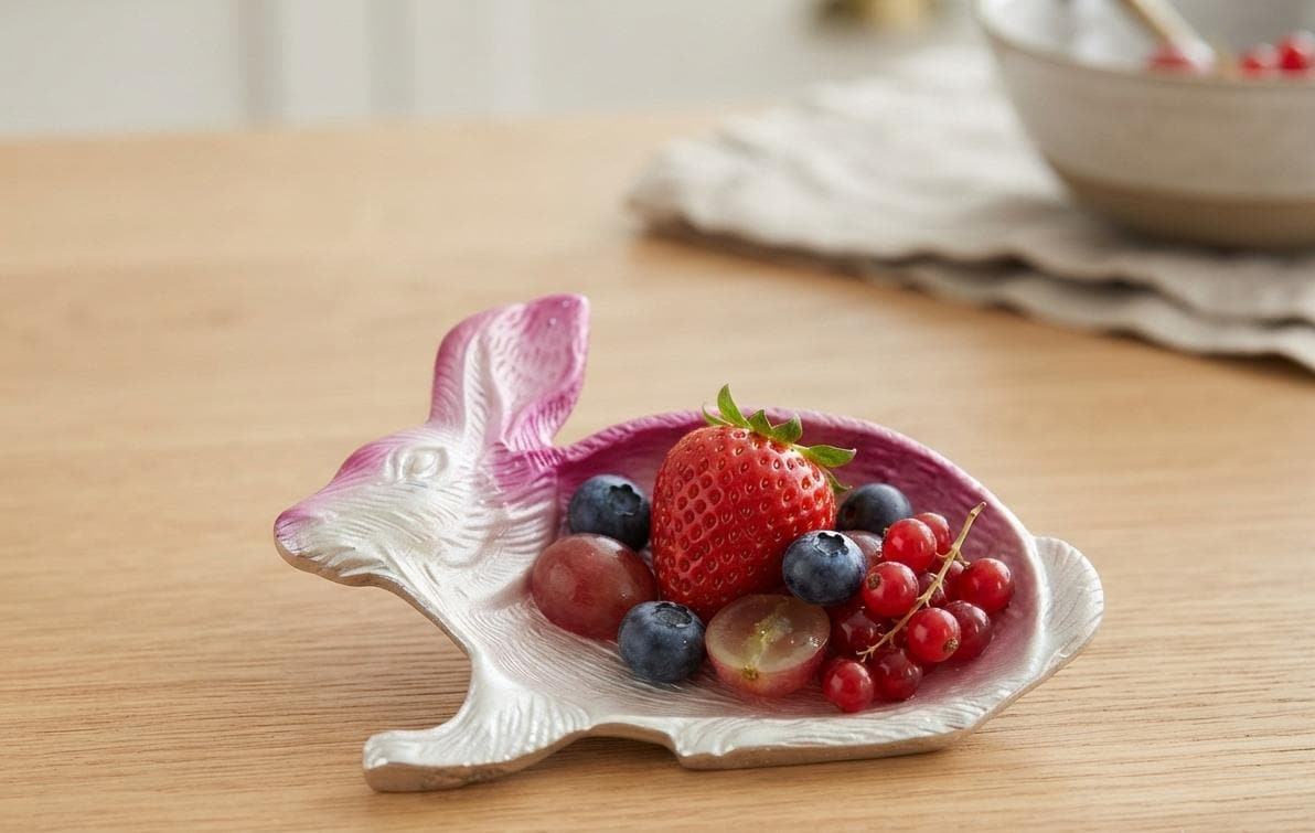 Pink Enamel Rabbit Candy Dish, Handcrafted Aluminum Easter Tray, Spring Table Decor