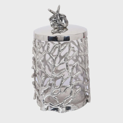 Metal Sculpted Candle Vessel with Sea Reef Openwork Pattern, Polished Accent Light Home Decor