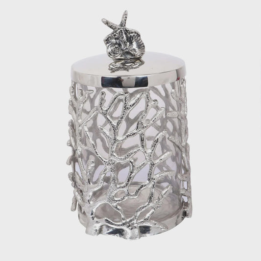 Metal Sculpted Candle Vessel with Sea Reef Openwork Pattern, Polished Accent Light Home Decor