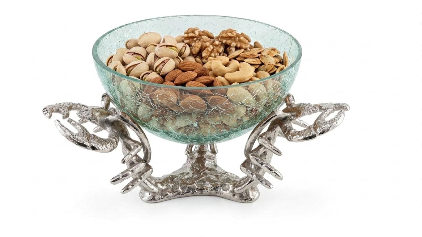 Lobster Trio Pot Stand with Glass Bowl | Coastal Seafood Serving Dish