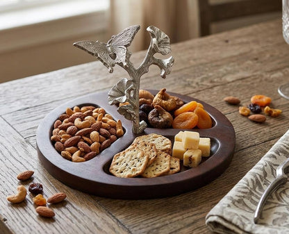 Dark Wood Divided Serving Dish, Silver Butterfly Accent, Botanical Kitchen Decor