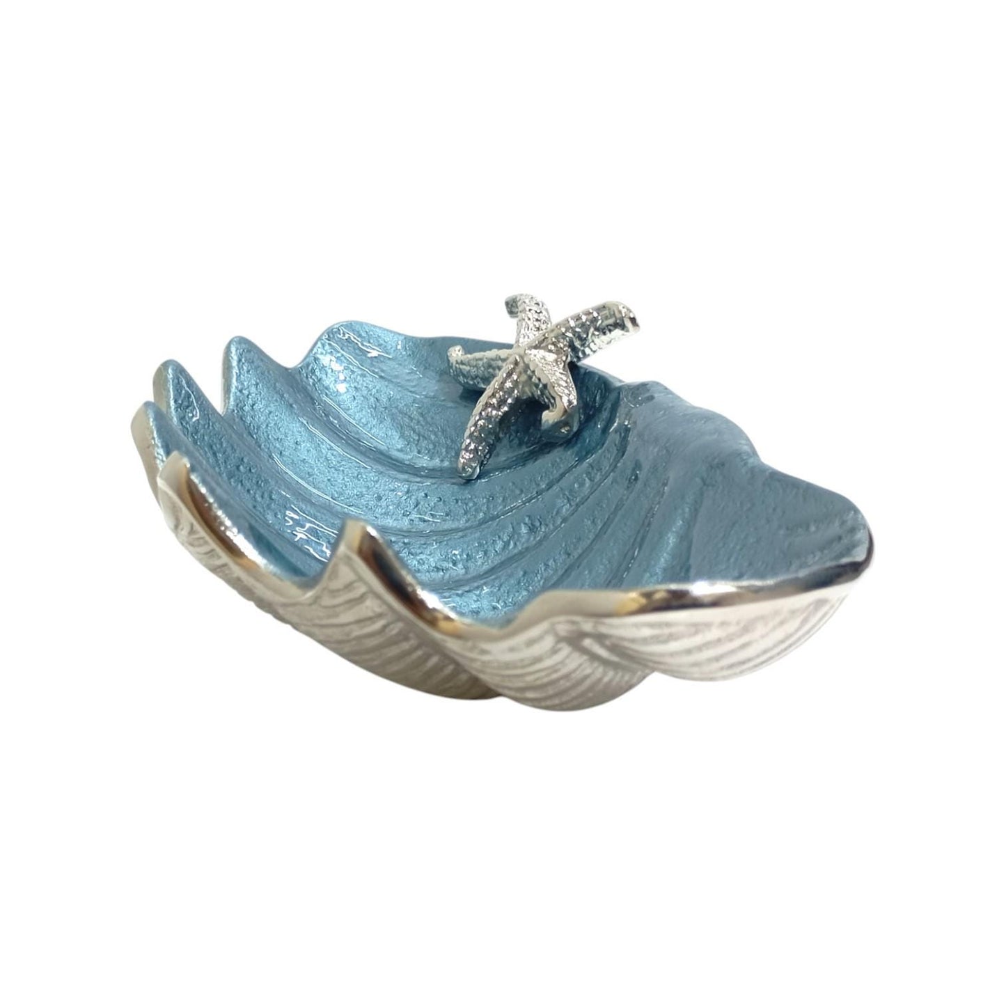 Blue Enamel Clam Shell Bowl, Coastal Starfish Centerpiece, Handcrafted Ocean Decor