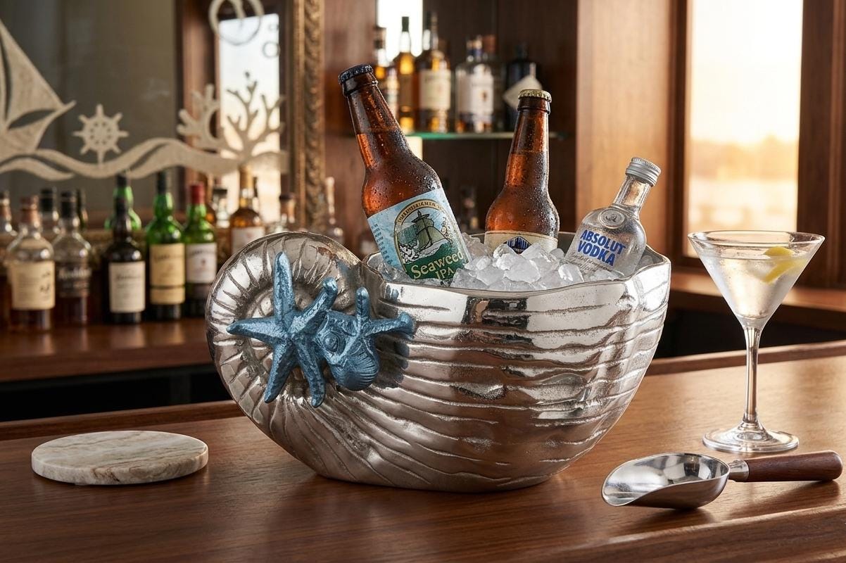 Nautilus Shell Wine Cooler | Polished Aluminum Nautical Bar Decor