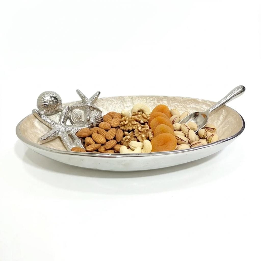 Seashell Aluminum Bowl, Pearl Enamel Coastal Centerpiece, Handcrafted Nautical Decor Tray