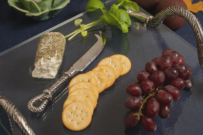 Glass Cheese Tray with Silver Aluminum Handles & Knife Set | Charcuterie Serving Platter