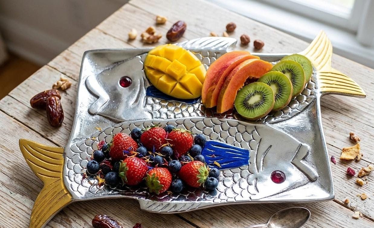 Double Fish Metal Serving Platter, Coastal Beach House Appetizer Tray