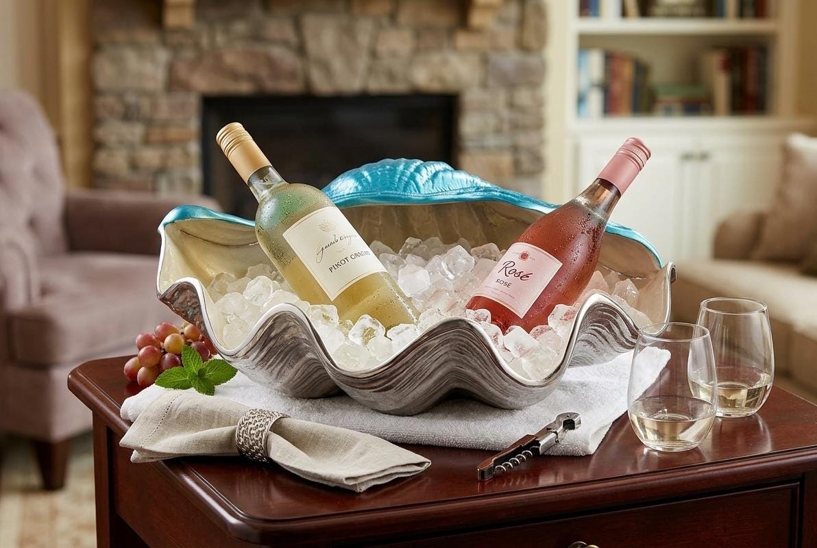Giant Clam Seashell Wine Cooler, Aluminum Ice Bucket, Nickel Enamel Finish, Coastal Decor