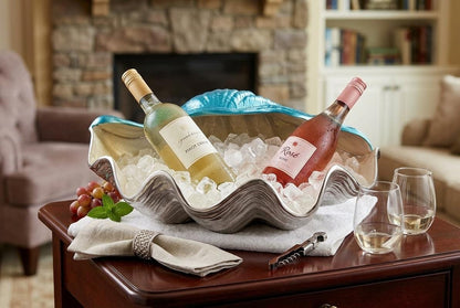 Giant Clam Seashell Wine Cooler, Aluminum Ice Bucket, Nickel Enamel Finish, Coastal Decor