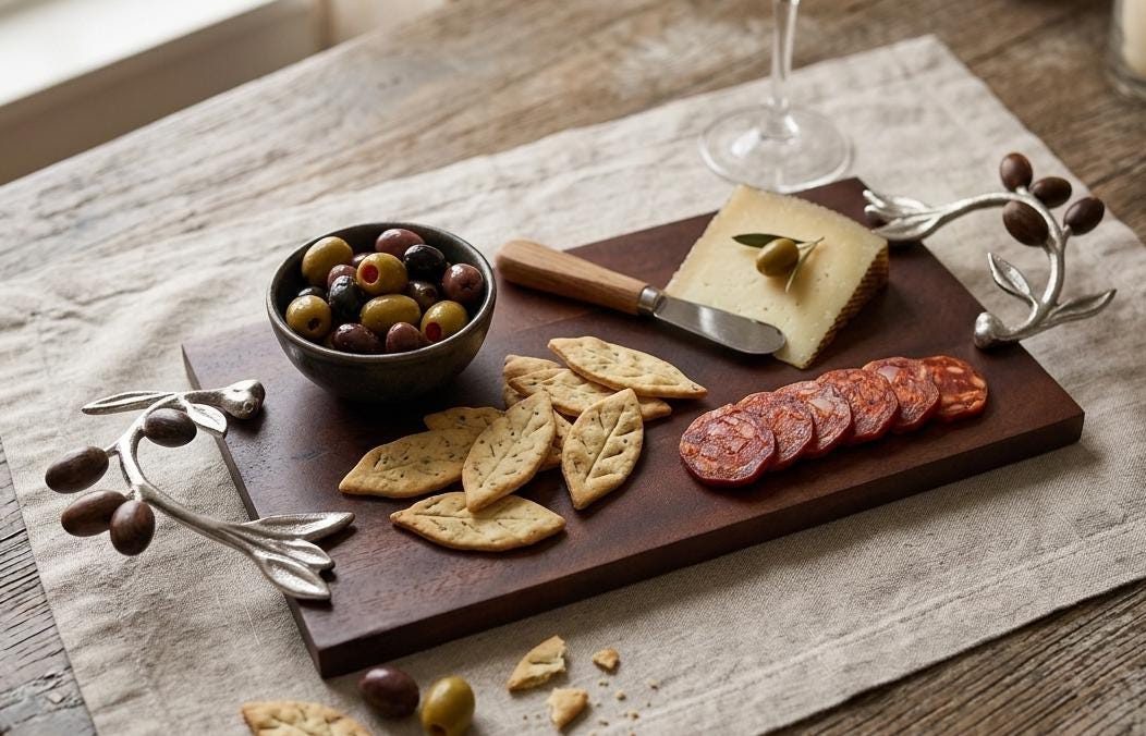 Wooden Serving Tray – Silver Olive Branch Handles, Rustic Farmhouse Cheese Board