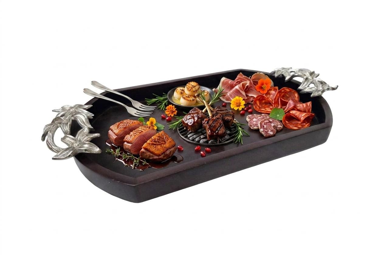 Wooden Serving Tray with Silver Flower Handles, Rustic Farmhouse Platter