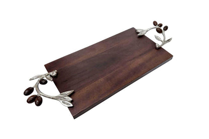 Wooden Serving Tray – Silver Olive Branch Handles, Rustic Farmhouse Cheese Board