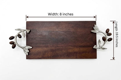 Wooden Serving Tray – Silver Olive Branch Handles, Rustic Farmhouse Cheese Board
