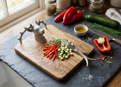 Stag Head Mango Wood Cheese Board Set with Antler Knife, Rustic Lodge Charcuterie Platter