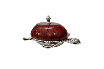 Hand Carved Wooden Turtle Trinket Box, Silver Metal Lid, Coastal Beach Decor