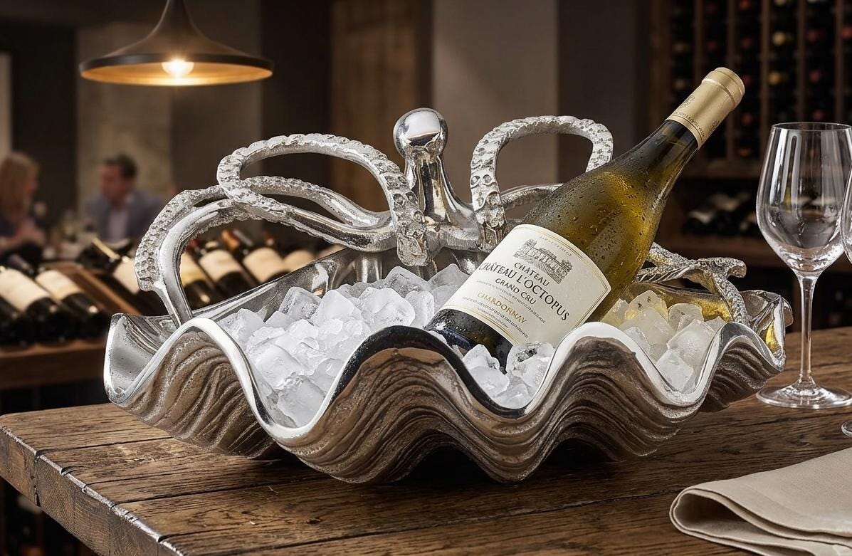 Handcrafted Aluminum Octopus Shell Wine Cooler, Coastal Bar Decor, Nautical Ice Bucket