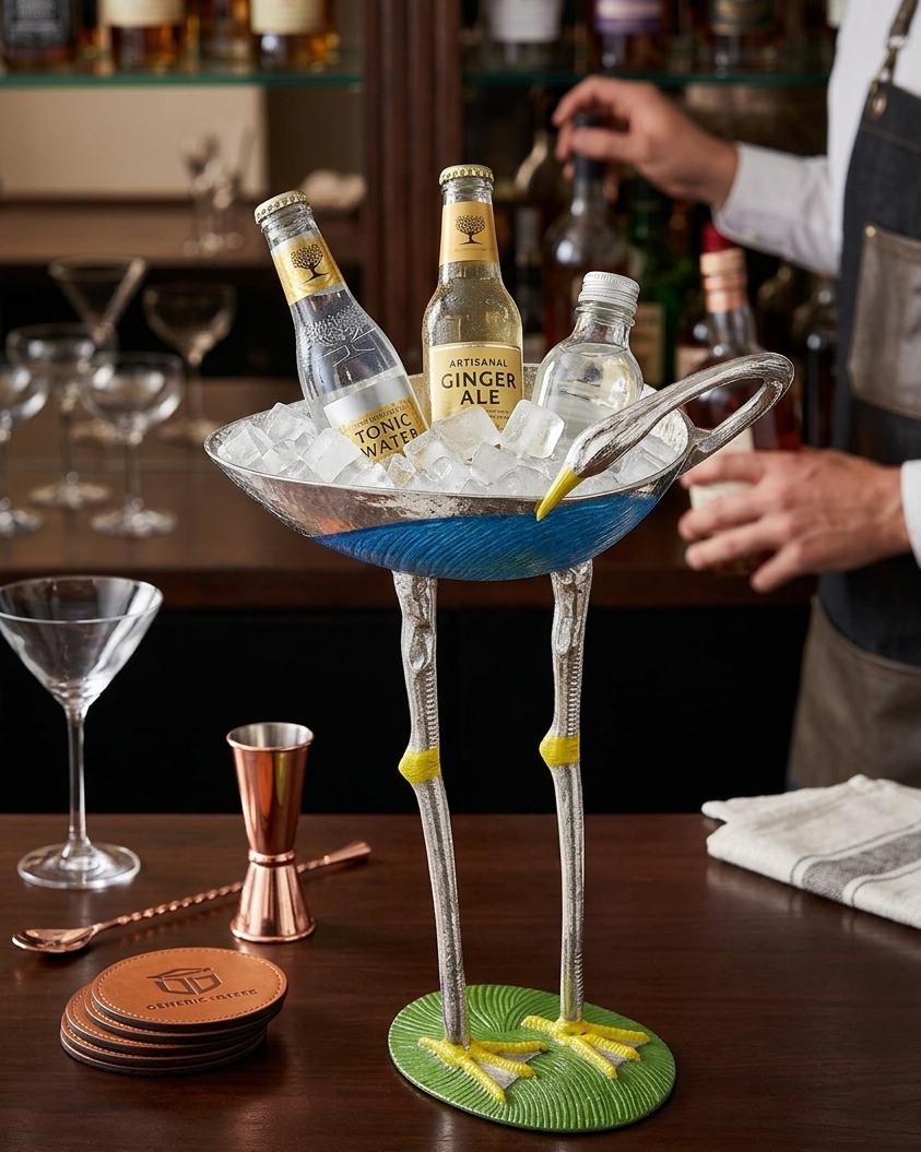 Flamingo Pedestal Wine Holder | Elegant Metal Champagne Bucket, Bar Décor