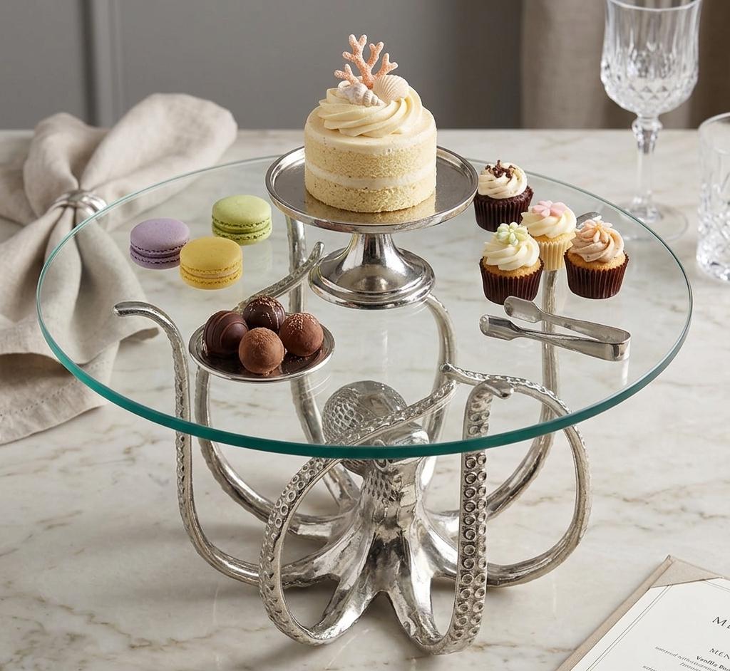 Aluminum Octopus Cake Stand, Silver Coastal Dessert Platter, Nautical Serving Tray