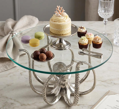 Aluminum Octopus Cake Stand, Silver Coastal Dessert Platter, Nautical Serving Tray