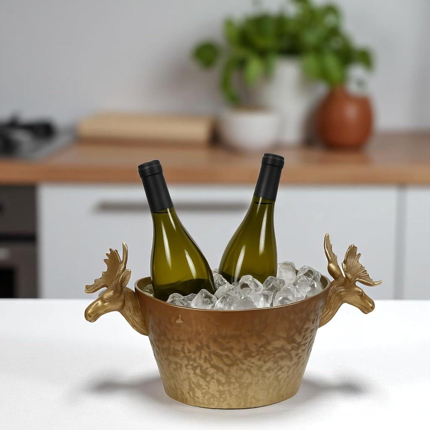 Antique Brass Finish Ice Bucket | Elk Handle Wine Chiller