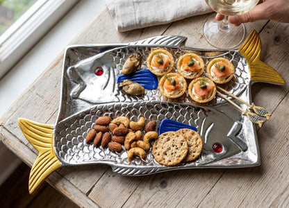 Double Fish Metal Serving Platter, Coastal Beach House Appetizer Tray