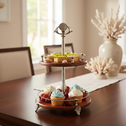 Handcrafted Two-Tier Wood Serving Stand, Seashell Handle