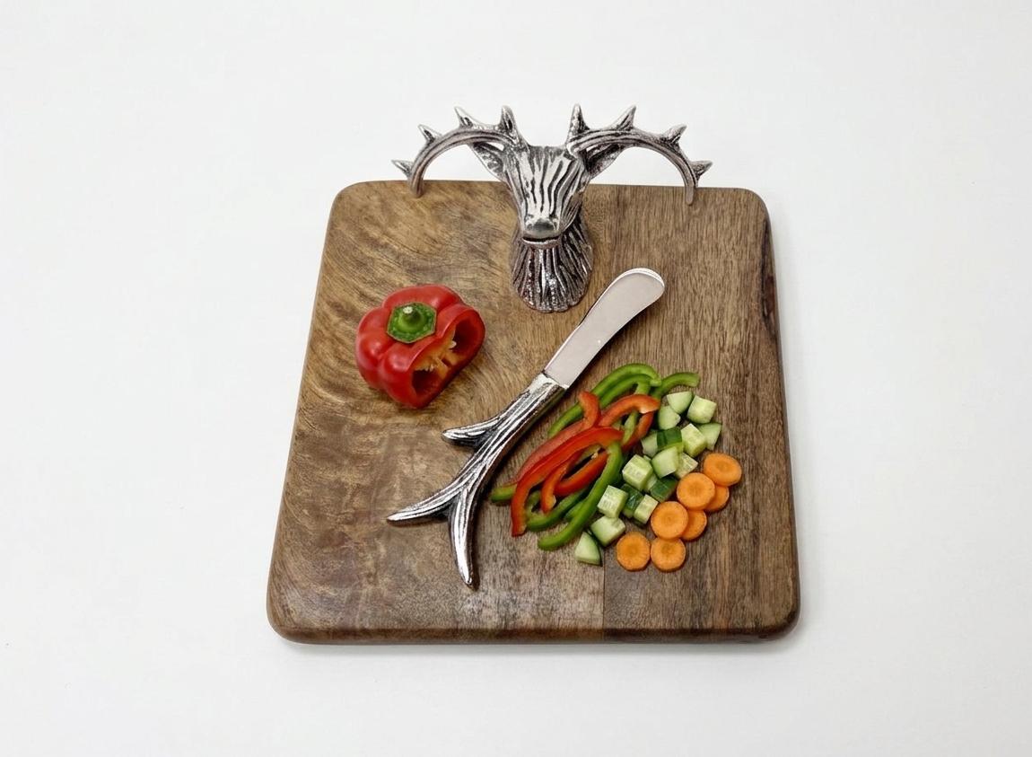 Stag Head Mango Wood Cheese Board Set with Antler Knife, Rustic Lodge Charcuterie Platter