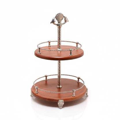 Handcrafted Two-Tier Wood Serving Stand, Seashell Handle