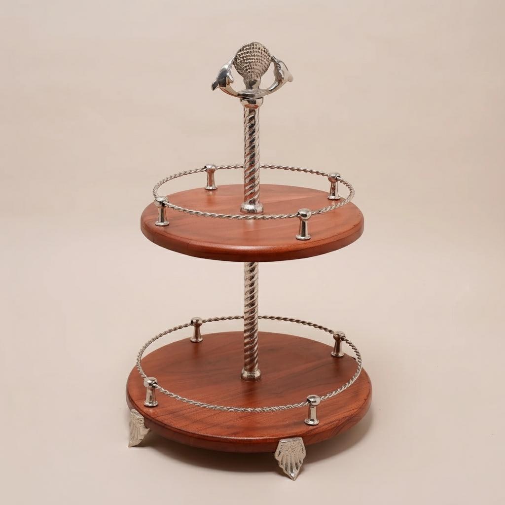 Handcrafted Two-Tier Wood Serving Stand, Seashell Handle