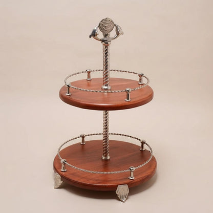 Handcrafted Two-Tier Wood Serving Stand, Seashell Handle