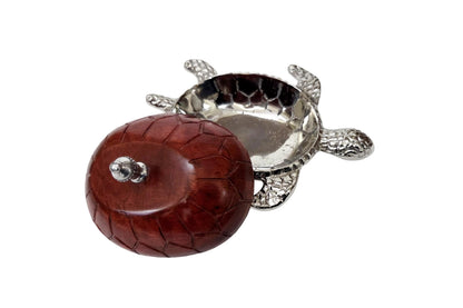 Silver Turtle Trinket Bowl with Wooden Lid, Coastal Beach Decor, Nautical Jewelry Box