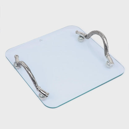 Glass Cheese Tray with Silver Aluminum Handles & Knife Set | Charcuterie Serving Platter