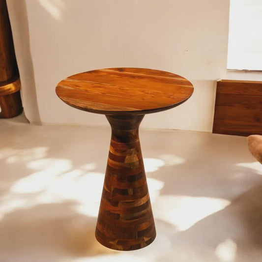 Handcrafted Acacia Wood Pedestal Table, Modern Rustic Farmhouse Accent Side Table
