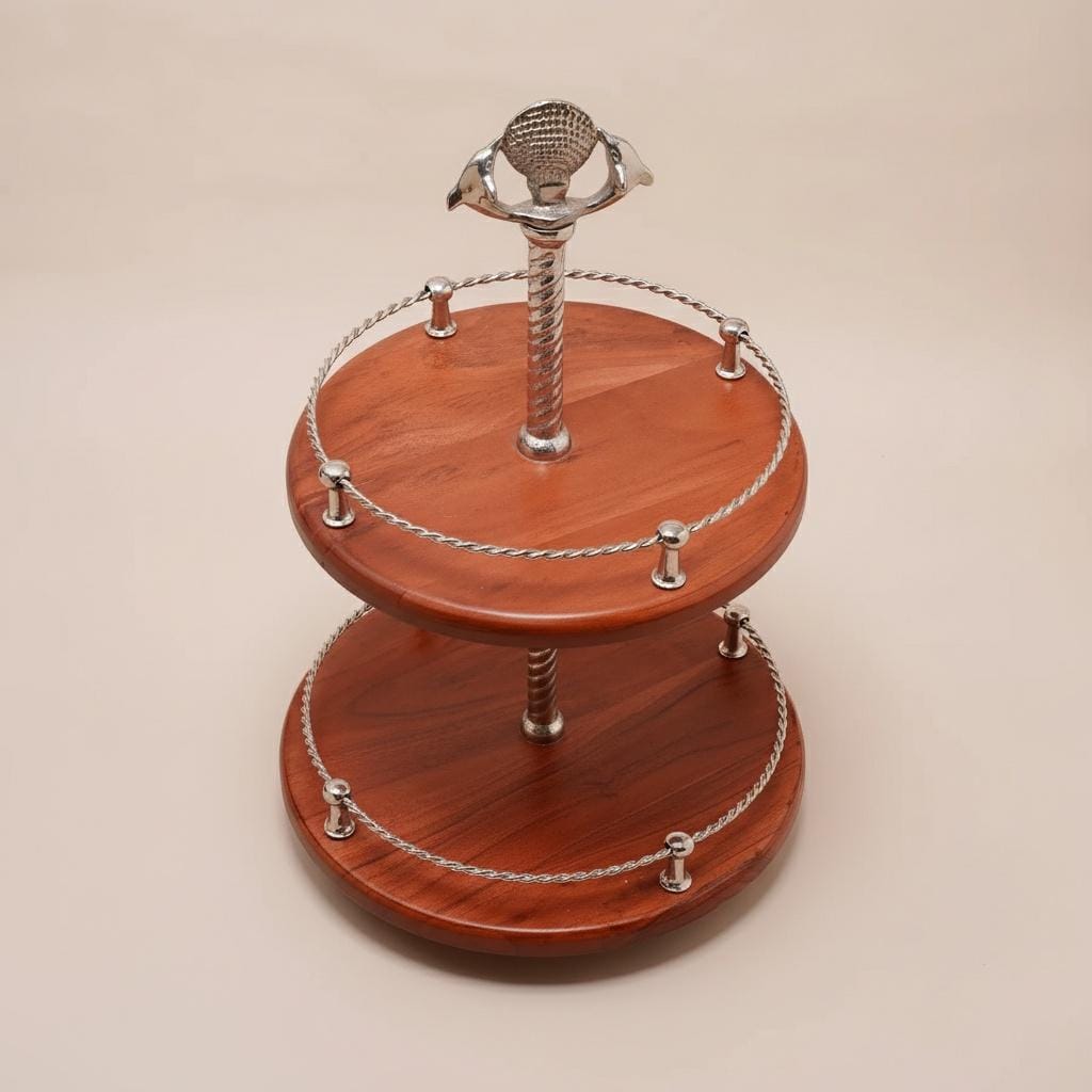 Handcrafted Two-Tier Wood Serving Stand, Seashell Handle