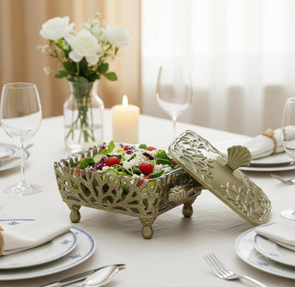 Coastal themed casserole dish, featuring a glass bottom and metal lid and stand