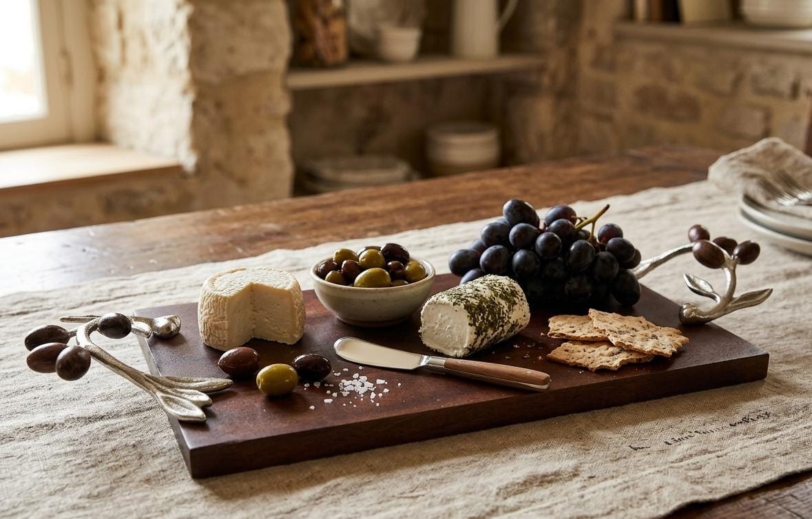 Wooden Serving Tray – Silver Olive Branch Handles, Rustic Farmhouse Cheese Board