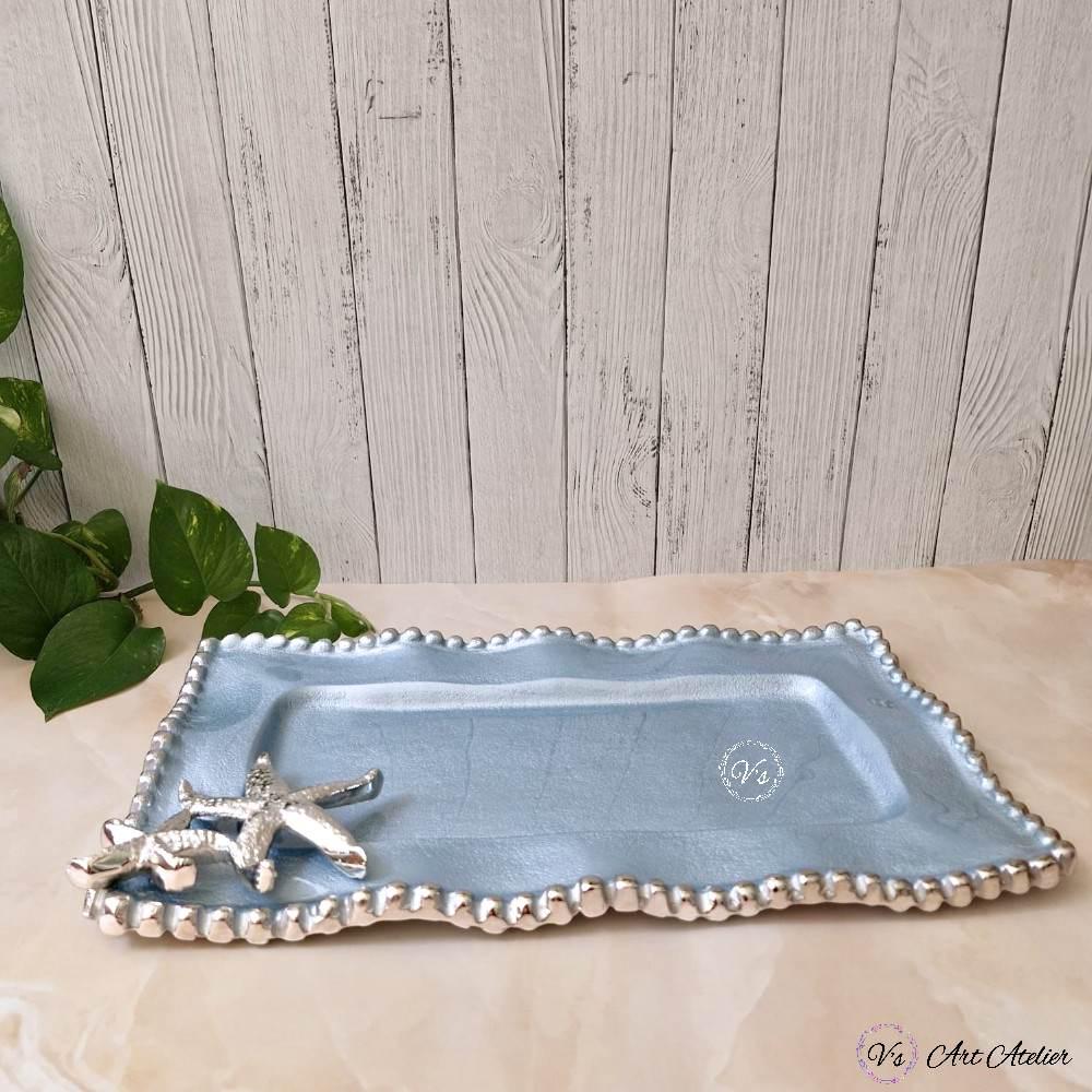 Starfish Platter Blue Enamel Coastal Serving Tray Aluminum Beach Wedding Gift