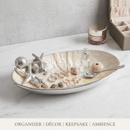 Seashell Aluminum Bowl, Pearl Enamel Coastal Centerpiece, Handcrafted Nautical Decor Tray