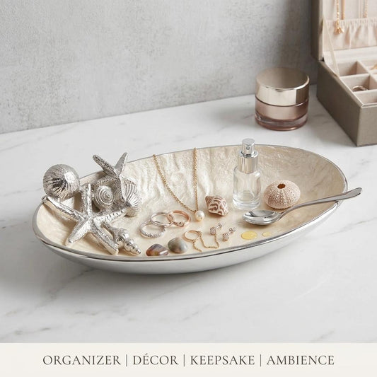 Seashell Aluminum Bowl, Pearl Enamel Coastal Centerpiece, Handcrafted Nautical Decor Tray