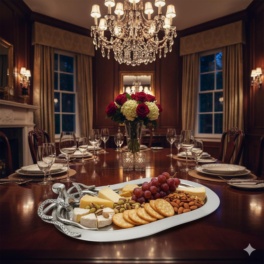 Handcrafted Metal Serving Ensemble with Octopus Motif, Artistic Ocean-Inspired Dining and Entertaining Display Piece