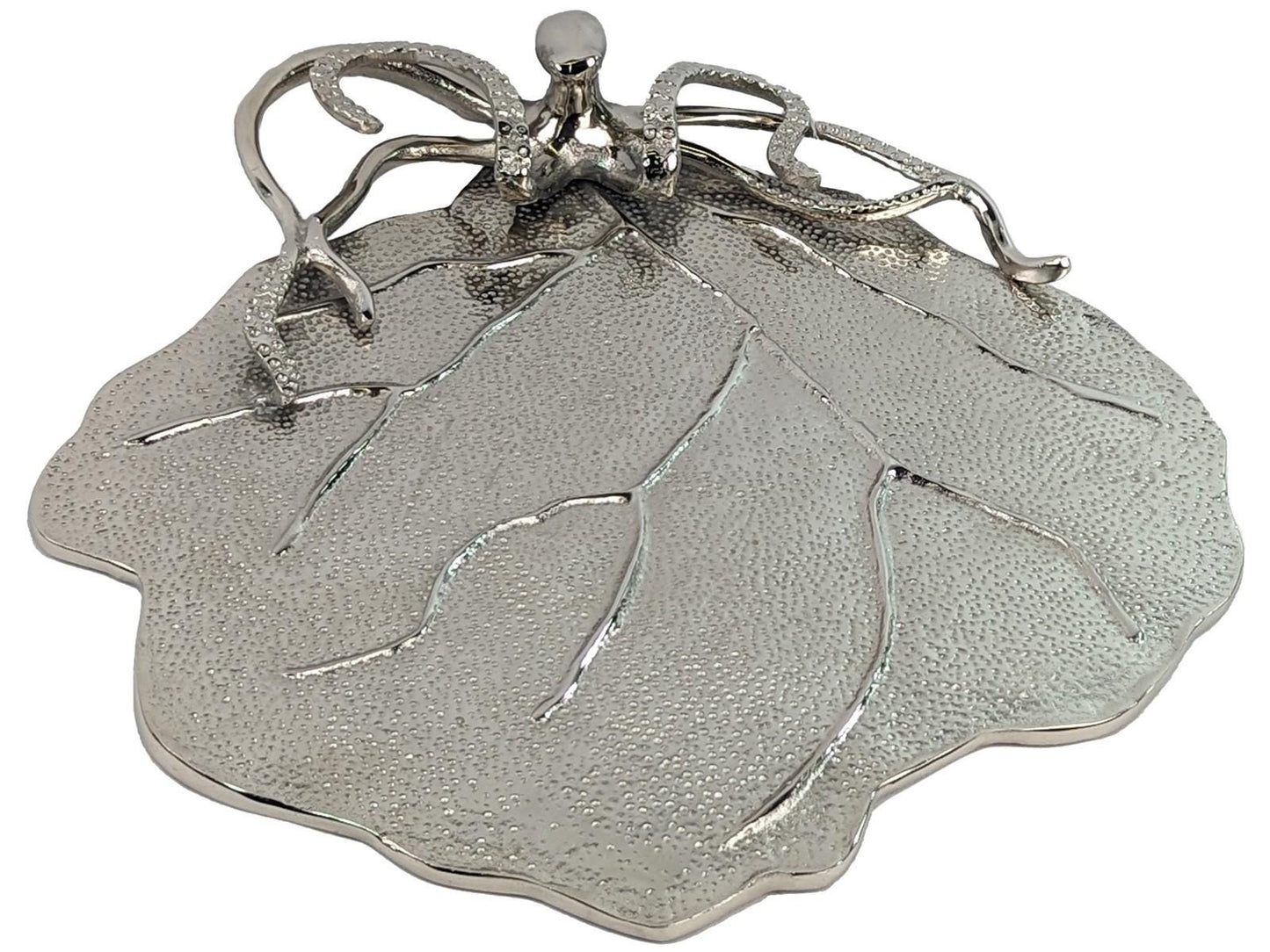 Octopus Leaf Serving Tray | Silver Coastal Platter, Nautical Ocean Decor Bowl